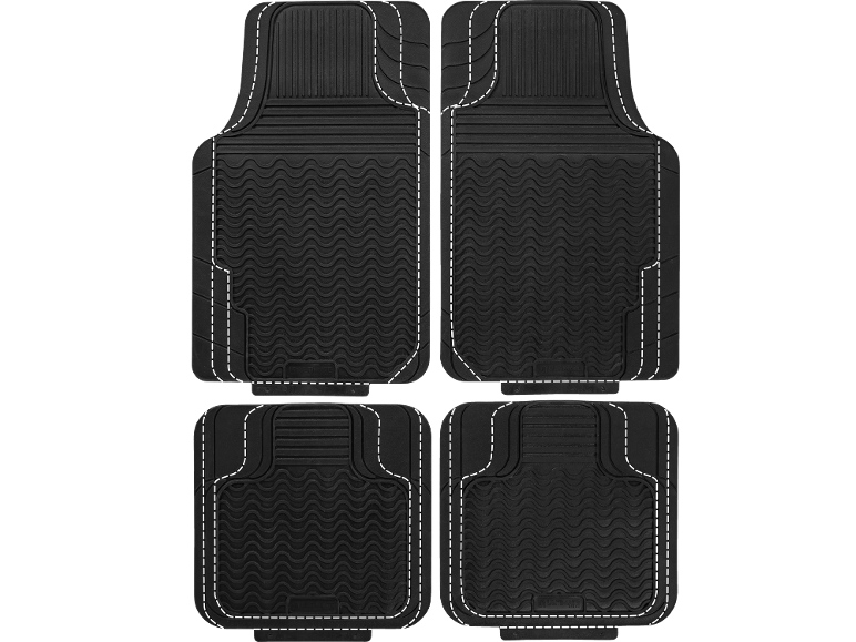 Set of four black rubber car floor mats with a wavy pattern and trim.