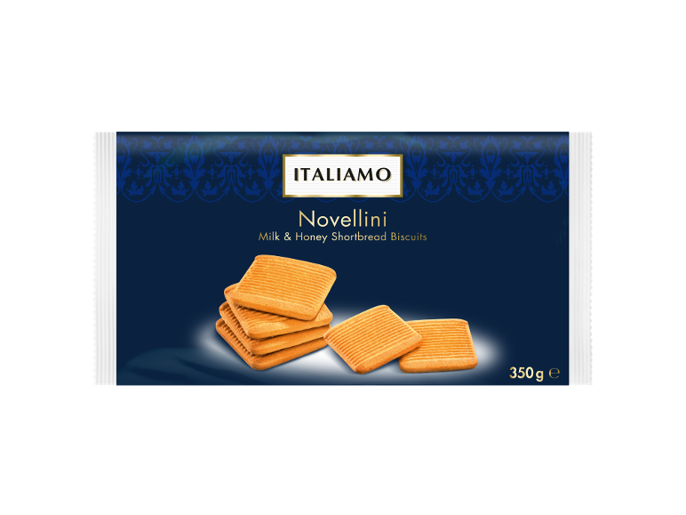 Milk & honey shortbread biscuits with 'Novellini' and '350 g e' text on a blue background.