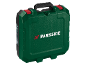 Green tool case with red clasps and a black handle.
