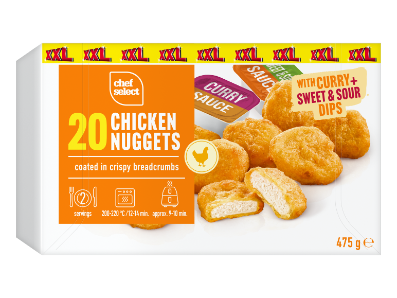 XXL box of 20 chicken nuggets with curry and sweet & sour dips, 475g.