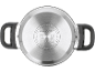 Bottom of a stainless steel cooking pot with handles, showing various cooking hob compatibility symbols.