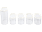 Set of five transparent food storage containers with cream-colored lids.