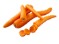 Carrots, some sliced, on a black background.