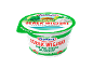 Cottage cheese container with a rural landscape illustration and a spoon of cottage cheese.