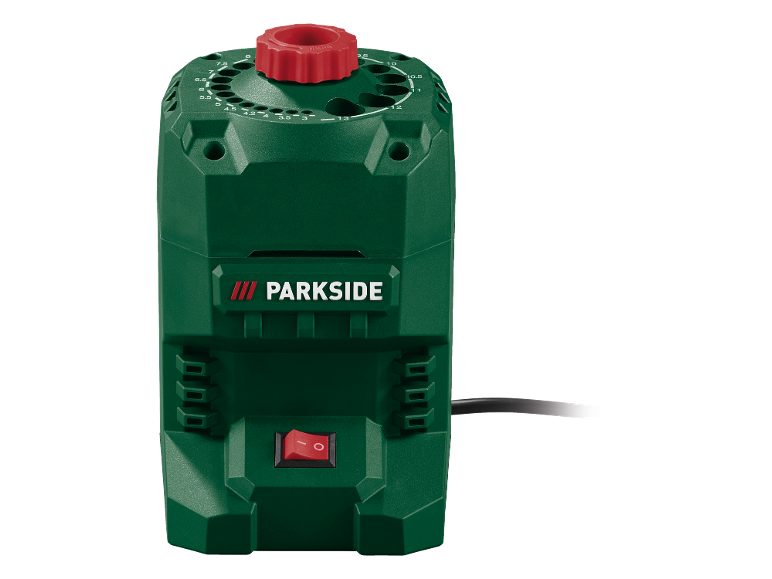 Green sharpener with a black cable and a red on/off switch.