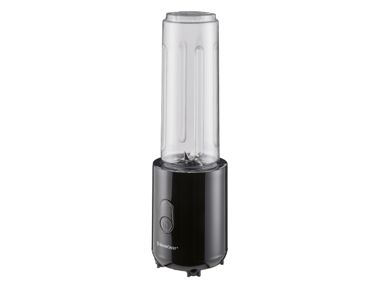 Black personal blender with a transparent cup and blending blades.