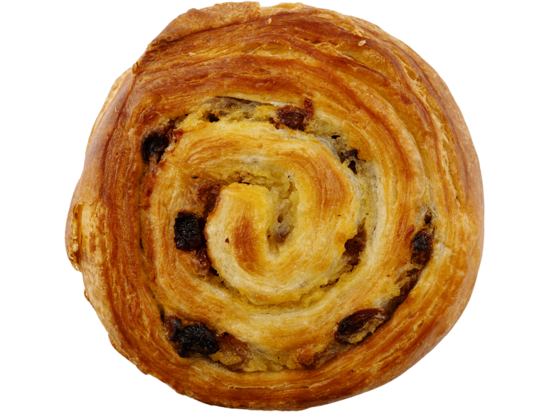 Golden-brown pain aux raisins, a swirled pastry with raisins, on a black background.