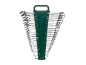 Set of combination wrenches of various sizes in a green holder.