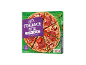 Cardboard packaging with two stonebaked pizzas topped with salami, ham, and mushrooms.