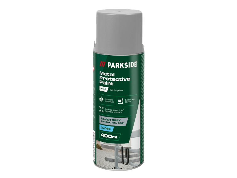 2-in-1 metal protective paint spray, silver grey gloss, 400ml.