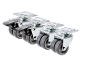 Four grey caster wheels with brakes and metal mounting plates.