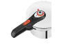 White pressure cooker lid with black handle and orange details.