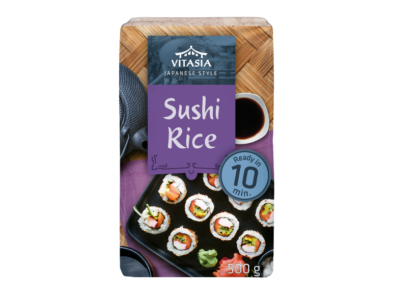 Sushi rice with sushi rolls, soy sauce, and wasabi, ready in 10 minutes.