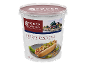 Container of fried onions with a hot dog, Scandinavian style.
