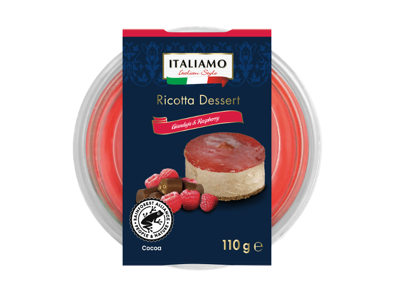 Ricotta dessert with gianduja and raspberry, 110 g.