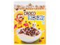 Chocolate moon-shaped cereal box with a cartoon mascot and a bowl of cereal.