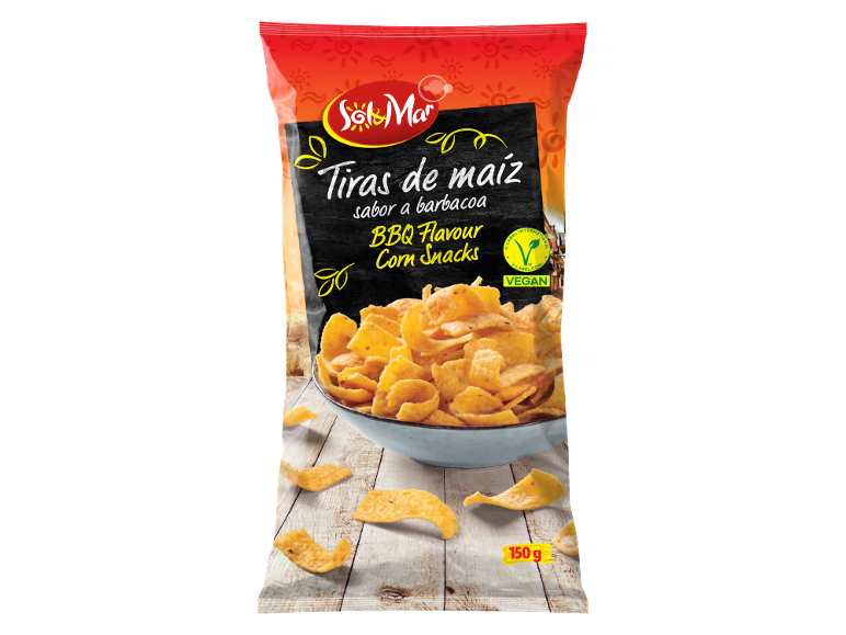 Bag of BBQ flavour corn snacks, with a vegan label and 150 g.