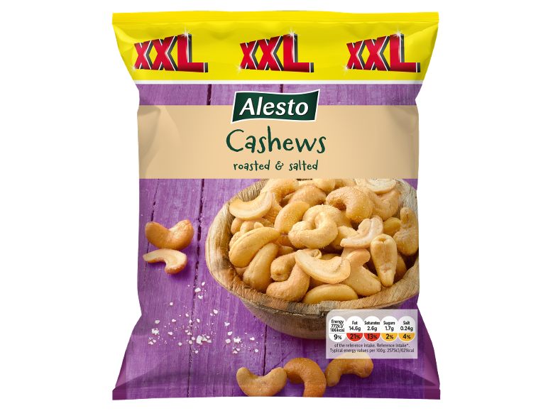 XXL roasted and salted cashews in a yellow and purple bag with nutritional information.