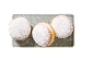 Three powdered sugar doughnuts on a rectangular grey plate.