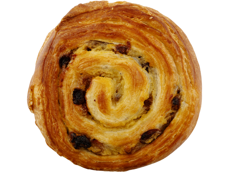 Golden-brown pain aux raisins, a swirled pastry with raisins, on a black background.