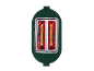 Green toaster with two slices of bread toasting and red heating elements.