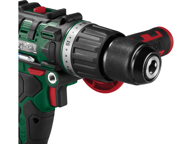 Cordless drill/driver with torque setting and an auxiliary handle.