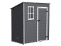 Dark grey garden shed with a sloped roof, white window, and door.