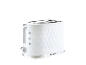 White toaster with a hexagonal design and control buttons.