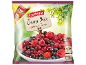 Frozen berry mix with sour cherries in a bag, showing a bowl of berries.