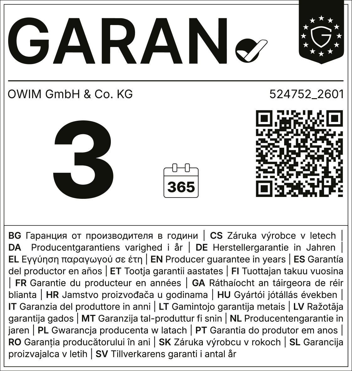 Guarantee seal: 3 years, 365 days, with QR code and product number 524752_2601.