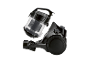 Black vacuum cleaner with a transparent dust container, detached from the main unit.