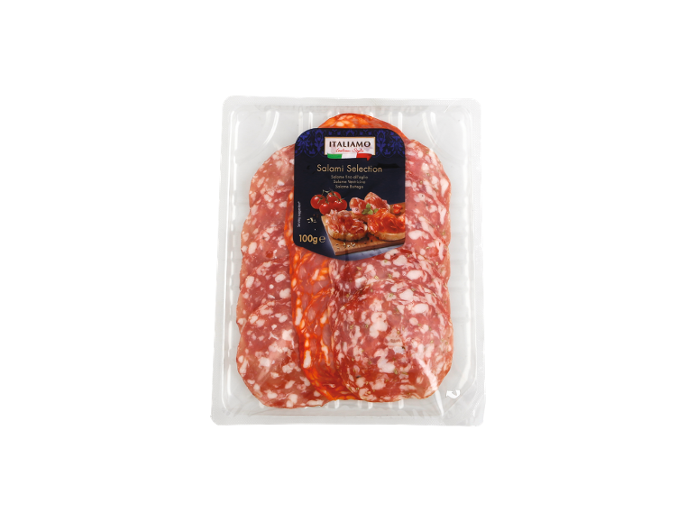 Pack of salami selection with garlic salami, ventricina, and bottega salami, 100g.