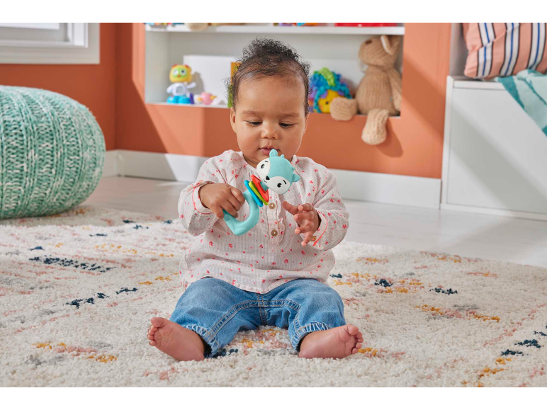 A baby sitting on a rug playing with a fox-shaped rattle toy.