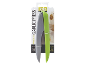 Green and grey garlic press in packaging with the text 'GARLIC PRESS'.