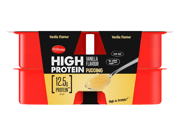 Two pots of high protein vanilla pudding, 12.5g protein per pot, low fat, no added sugar.