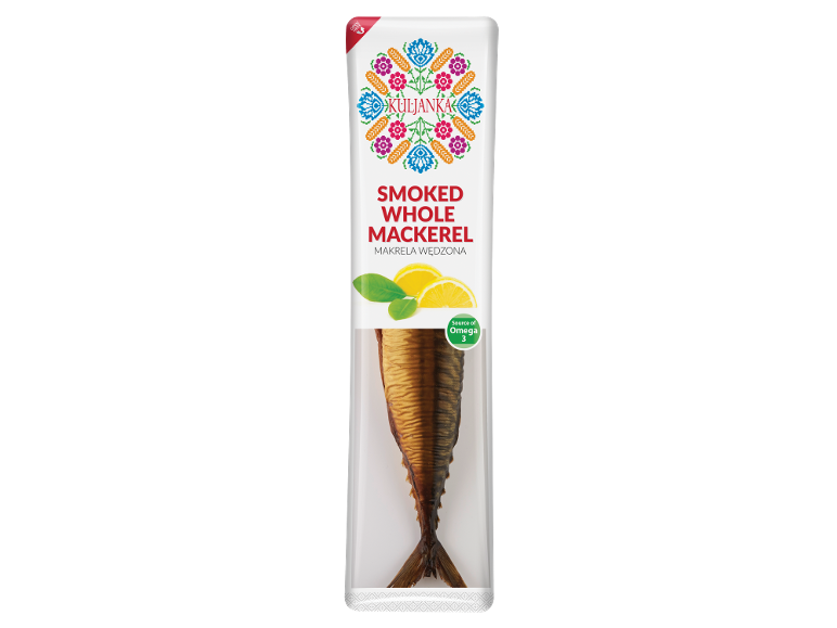 Packaged smoked whole mackerel with lemon and Omega 3 label.