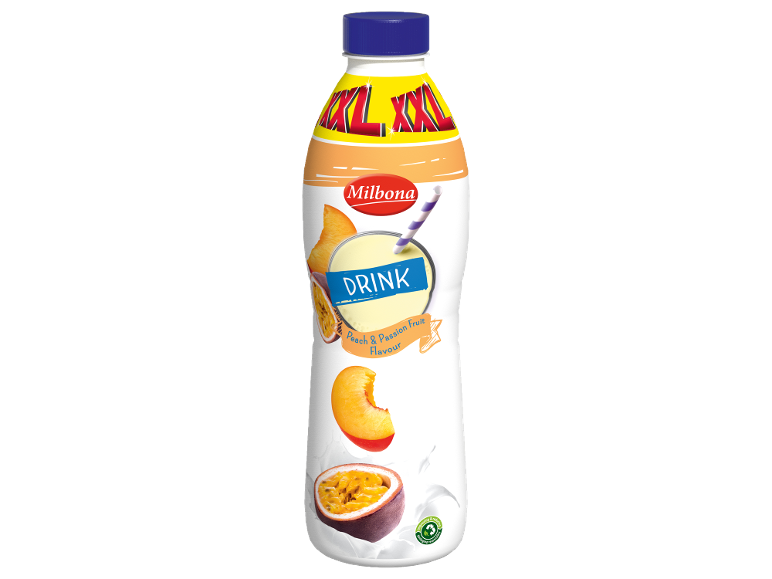 XXL peach and passion fruit drink with a straw, featuring fruit illustrations and a recycling logo.