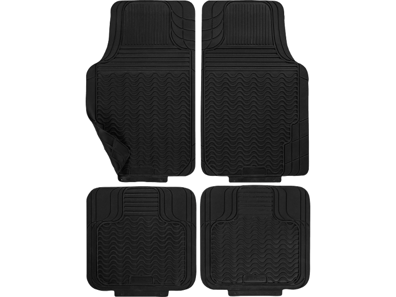 Four black rubber car floor mats with textured patterns.