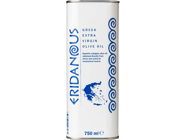 Can of 750 ml Greek extra virgin olive oil with map of Greece.