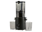 Black juicer with two transparent containers, REV-OFF-ON control knob.