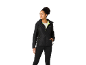 Woman in black sports jacket with neon details and black leggings.