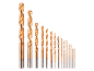 Set of various golden-colored drill bits arranged by size on a black background.