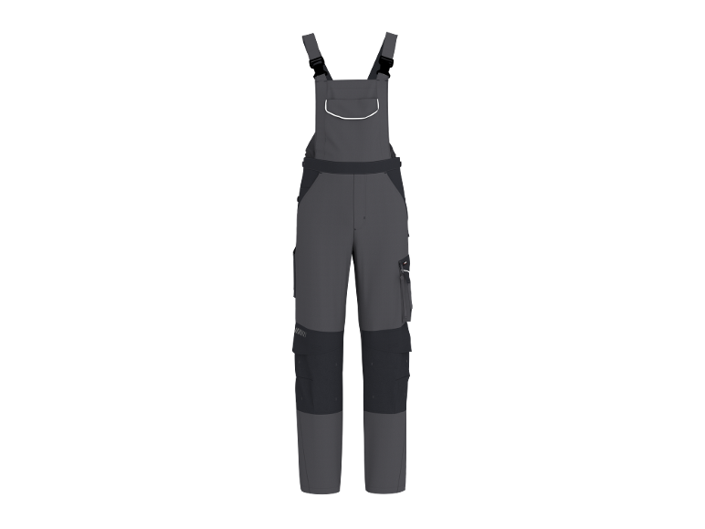 Men's work dungarees in dark grey with black accents and reflective details.