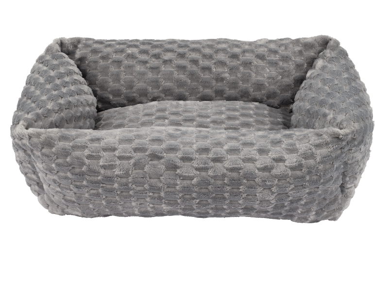Grey plush pet bed with a textured, honeycomb-like pattern