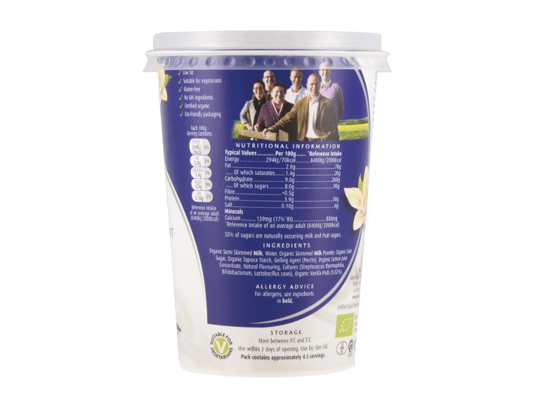 Vanilla yogurt container with nutritional information and allergens, featuring an image of people.