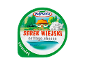 Cottage cheese packaging with a country house and a spoon of cottage cheese.