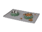 Pet bowls on a grey mat, one with water and the other with kibble.