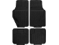 Set of four black rubber car floor mats with wavy and ribbed patterns.