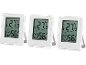 Three white digital thermometer-hygrometers, displaying 27.5°C and 56% humidity