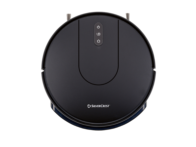 Black robotic vacuum cleaner with control buttons on top
